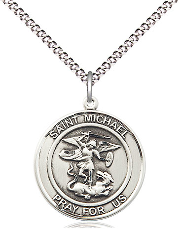 Sterling Silver Saint Michael the Archangel Pendant on a 18 inch Light Rhodium Light Curb chain