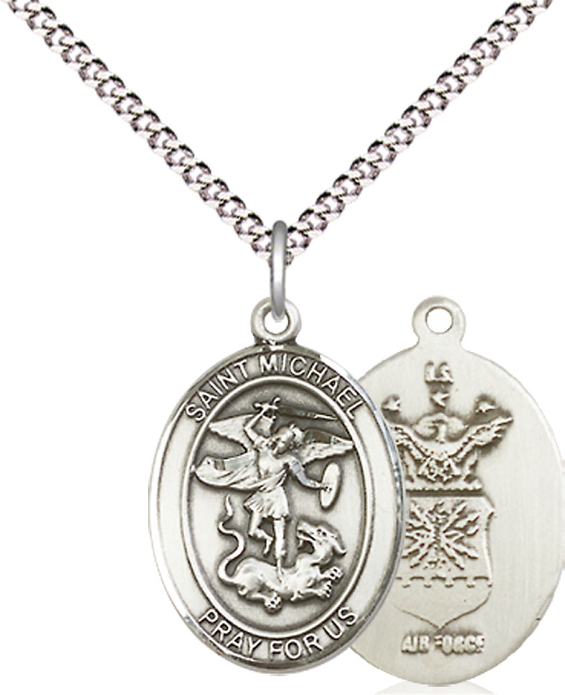 Sterling Silver Saint Michael Air Force Pendant on a 18 inch Light Rhodium Light Curb chain