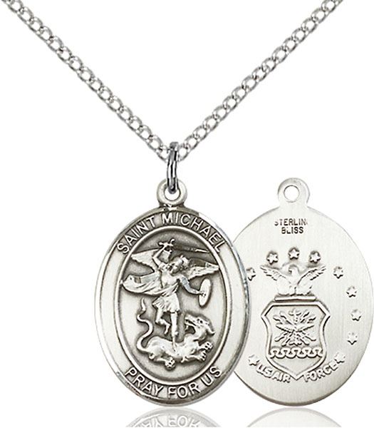 Sterling Silver Saint Michael Air Force Pendant on a 18 inch Light Rhodium Light Curb chain