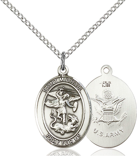 Sterling Silver Saint Michael Army Pendant on a 18 inch Light Rhodium Light Curb chain