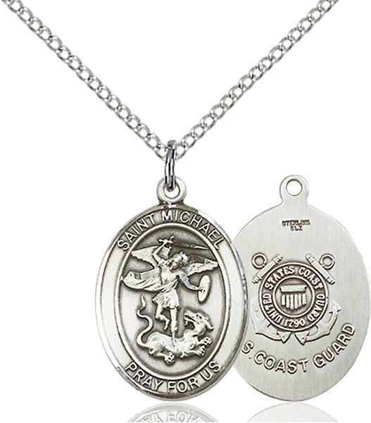 Sterling Silver Saint Michael Coast Guard Pendant on a 18 inch Light Rhodium Light Curb chain