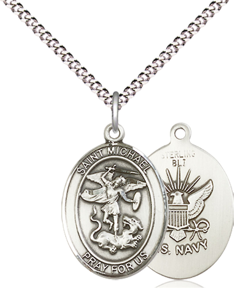 Sterling Silver Saint Michael Navy Pendant on a 18 inch Light Rhodium Light Curb chain
