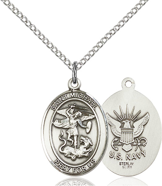 Sterling Silver Saint Michael Navy Pendant on a 18 inch Light Rhodium Light Curb chain