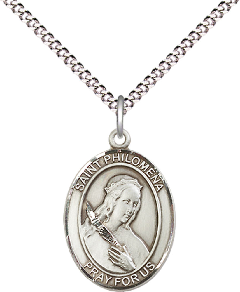 Sterling Silver Saint Philomena Pendant on a 18 inch Light Rhodium Light Curb chain