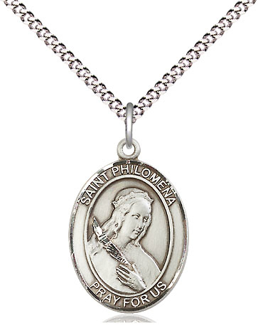 Sterling Silver Saint Philomena Pendant on a 18 inch Light Rhodium Light Curb chain