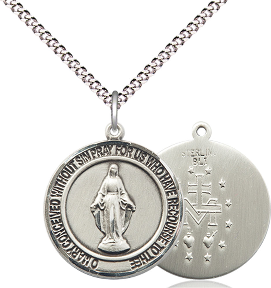 Sterling Silver Miraculous Pendant on a 18 inch Light Rhodium Light Curb chain