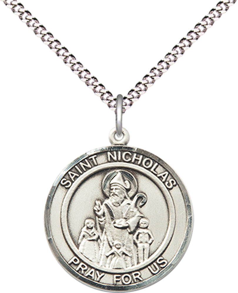 Sterling Silver Saint Nicholas Pendant on a 18 inch Light Rhodium Light Curb chain