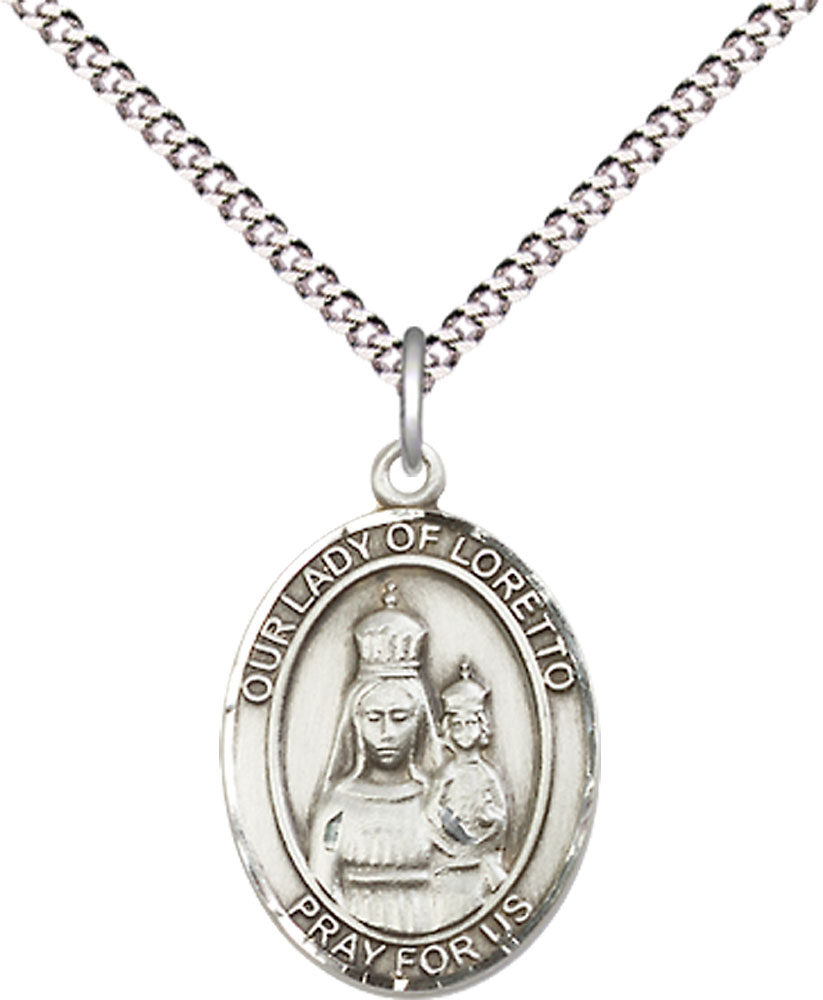 Sterling Silver Our Lady of Loretto Pendant on a 18 inch Light Rhodium Light Curb chain