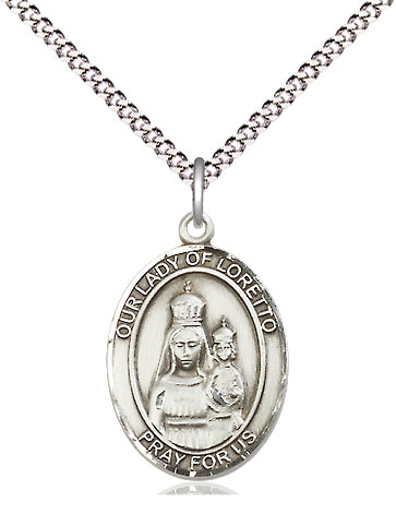 Sterling Silver Our Lady of Loretto Pendant on a 18 inch Light Rhodium Light Curb chain