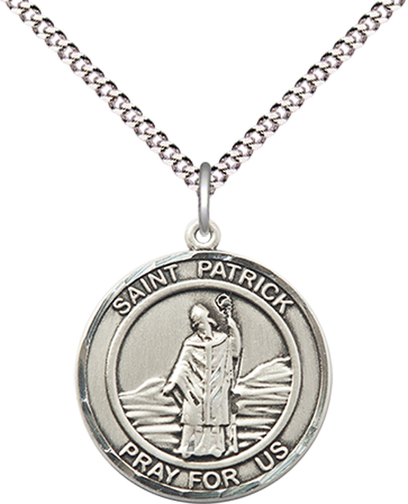 Sterling Silver Saint Patrick Pendant on a 18 inch Light Rhodium Light Curb chain