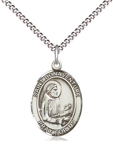 Sterling Silver Saint Bonaventure Pendant on a 18 inch Light Rhodium Light Curb chain