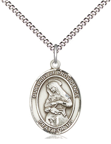 Sterling Silver Our Lady of Providence Pendant on a 18 inch Light Rhodium Light Curb chain
