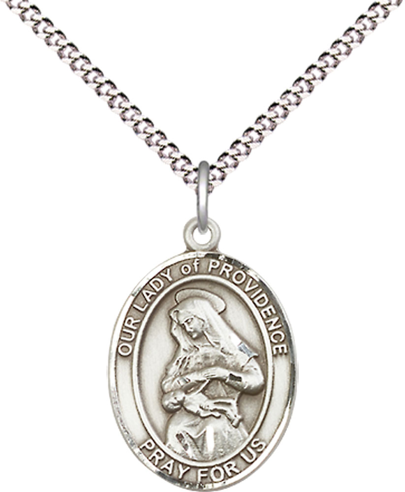 Sterling Silver Our Lady of Providence Pendant on a 18 inch Light Rhodium Light Curb chain
