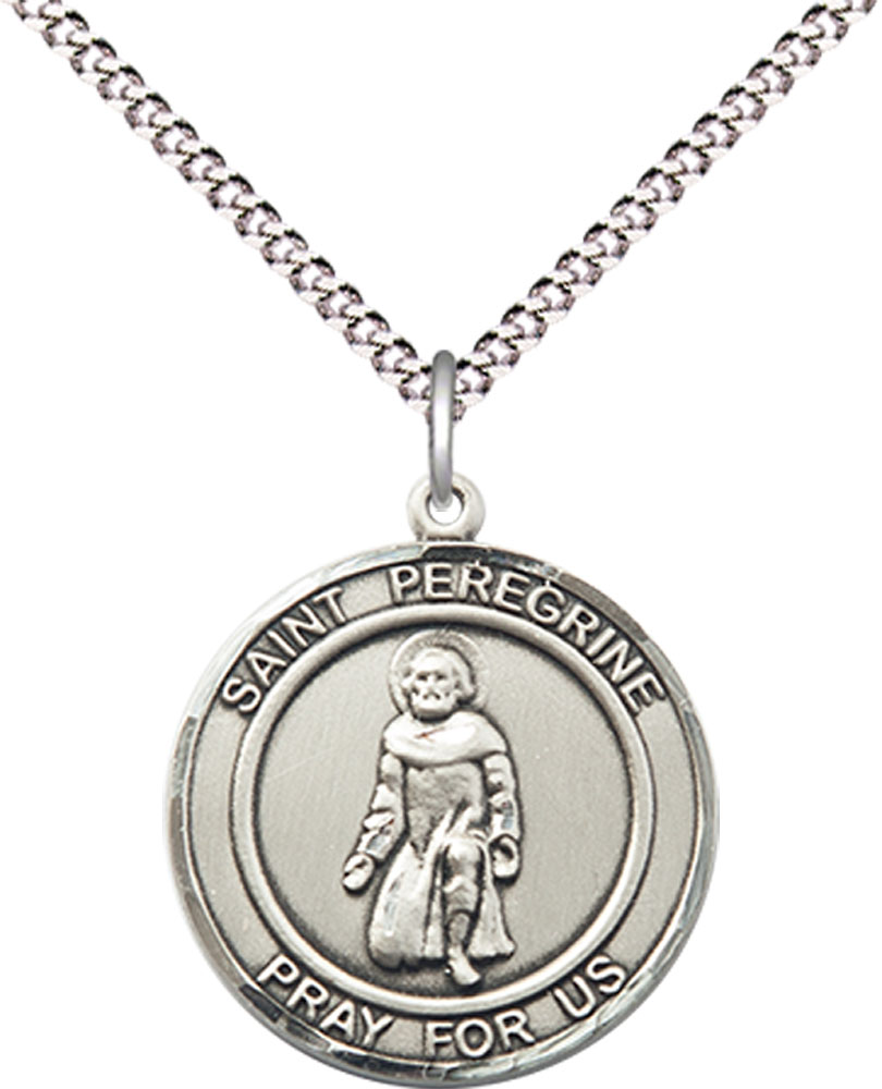 Sterling Silver Saint Peregrine Pendant on a 18 inch Light Rhodium Light Curb chain