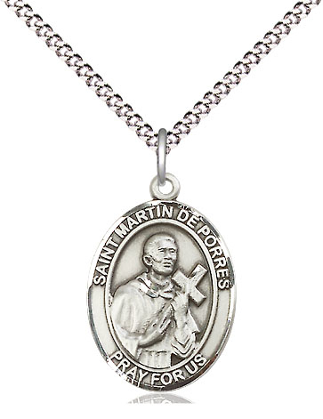 Sterling Silver Saint Martin de Porres Pendant on a 18 inch Light Rhodium Light Curb chain