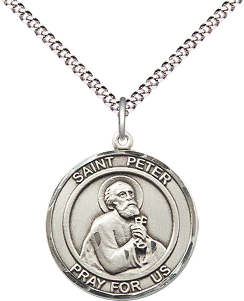 Sterling Silver Saint Peter the Apostle Pendant on a 18 inch Light Rhodium Light Curb chain