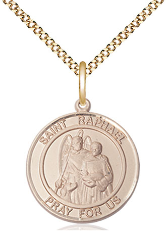 14kt Gold Filled Saint Raphael the Archangel Pendant on a 18 inch Gold Plate Light Curb chain