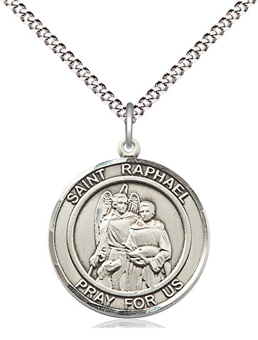 Sterling Silver Saint Raphael the Archangel Pendant on a 18 inch Light Rhodium Light Curb chain