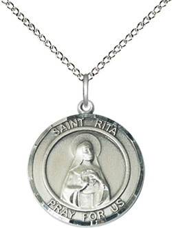 Sterling Silver Saint Rita of Cascia Pendant on a 18 inch Light Rhodium Light Curb chain