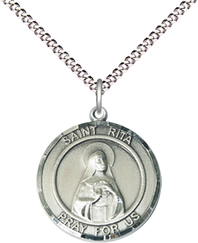 Sterling Silver Saint Rita of Cascia Pendant on a 18 inch Light Rhodium Light Curb chain