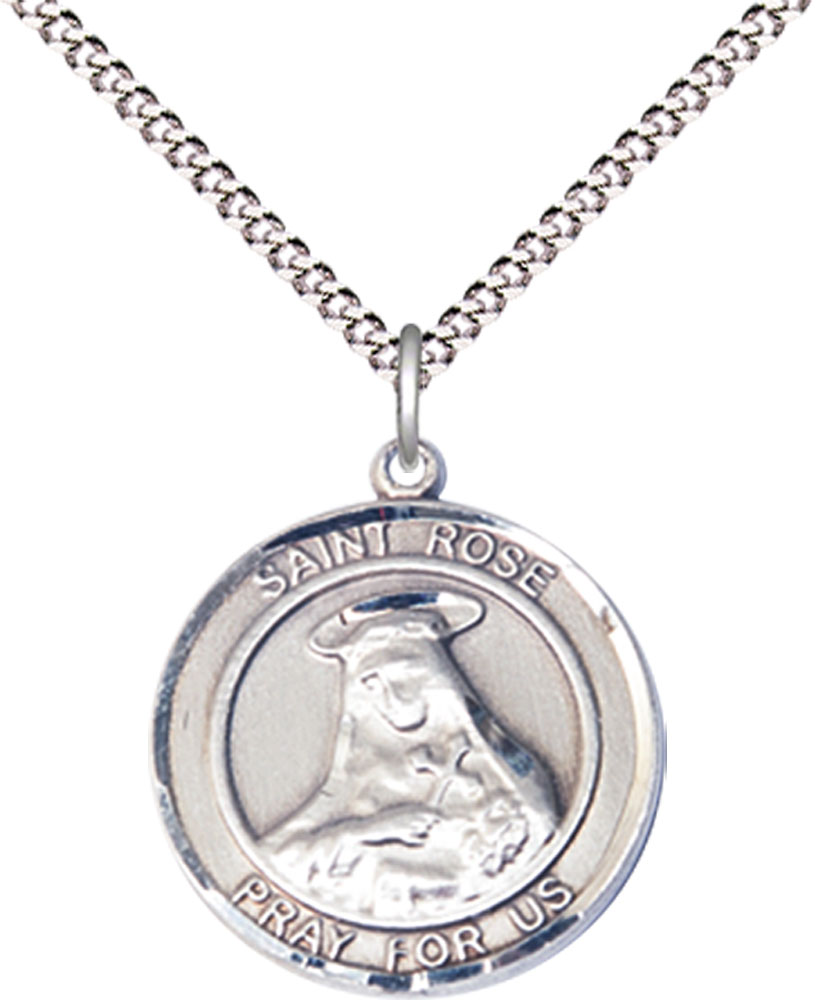 Sterling Silver Saint Rose of Lima Pendant on a 18 inch Light Rhodium Light Curb chain