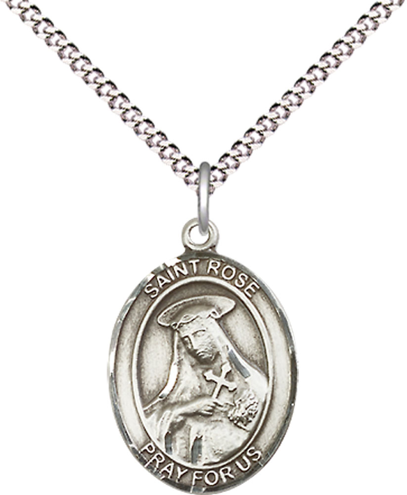Sterling Silver Saint Rose of Lima Pendant on a 18 inch Light Rhodium Light Curb chain