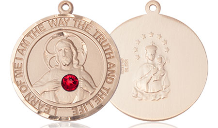 14kt Gold Scapular - Ruby Stone Medal with a 3mm Ruby Swarovski stone