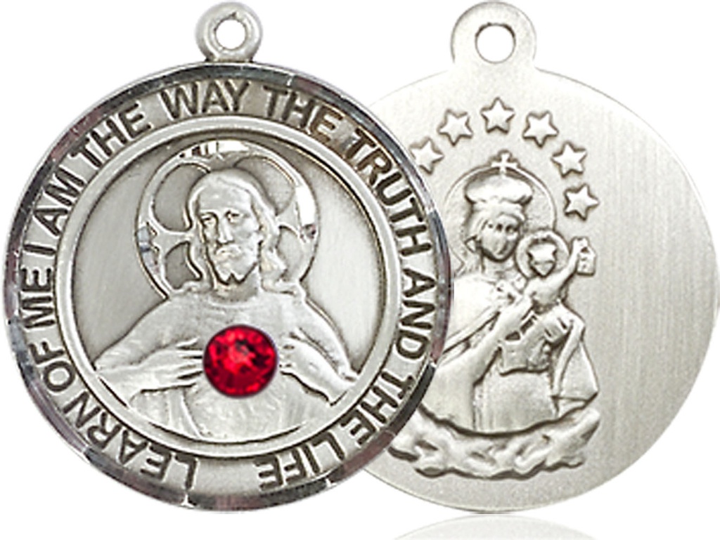 Sterling Silver Scapular - Ruby Stone Medal with a 3mm Ruby Swarovski stone