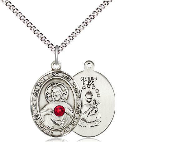 Sterling Silver Scapular - Ruby Stone Pendant with a 3mm Ruby Swarovski stone on a 18 inch Light Rhodium Light Curb chain
