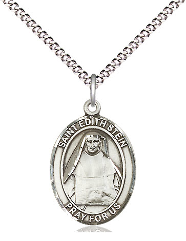 Sterling Silver Saint Edith Stein Pendant on a 18 inch Light Rhodium Light Curb chain