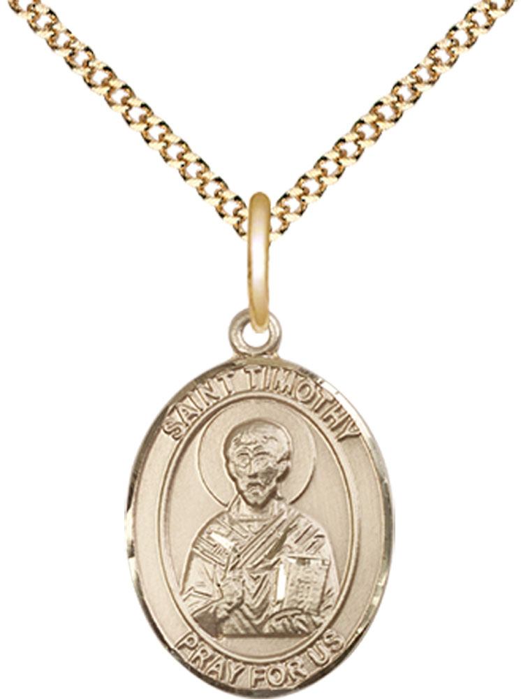14kt Gold Filled Saint Timothy Pendant on a 18 inch Gold Plate Light Curb chain