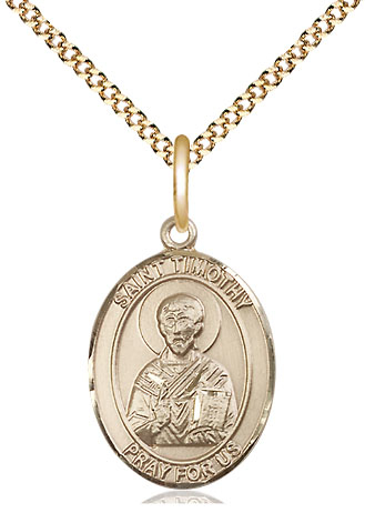 14kt Gold Filled Saint Timothy Pendant on a 18 inch Gold Plate Light Curb chain