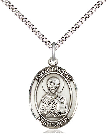 Sterling Silver Saint Timothy Pendant on a 18 inch Light Rhodium Light Curb chain