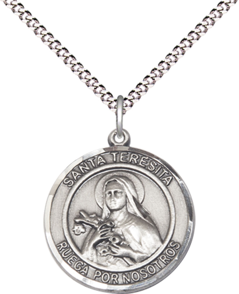 Sterling Silver Santa Teresita Pendant on a 18 inch Light Rhodium Light Curb chain