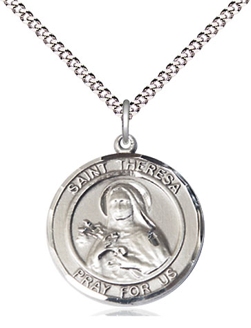 Sterling Silver Saint Theresa Pendant on a 18 inch Light Rhodium Light Curb chain