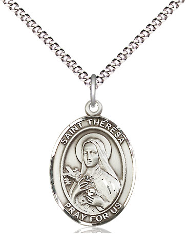 Sterling Silver Saint Theresa Pendant on a 18 inch Light Rhodium Light Curb chain