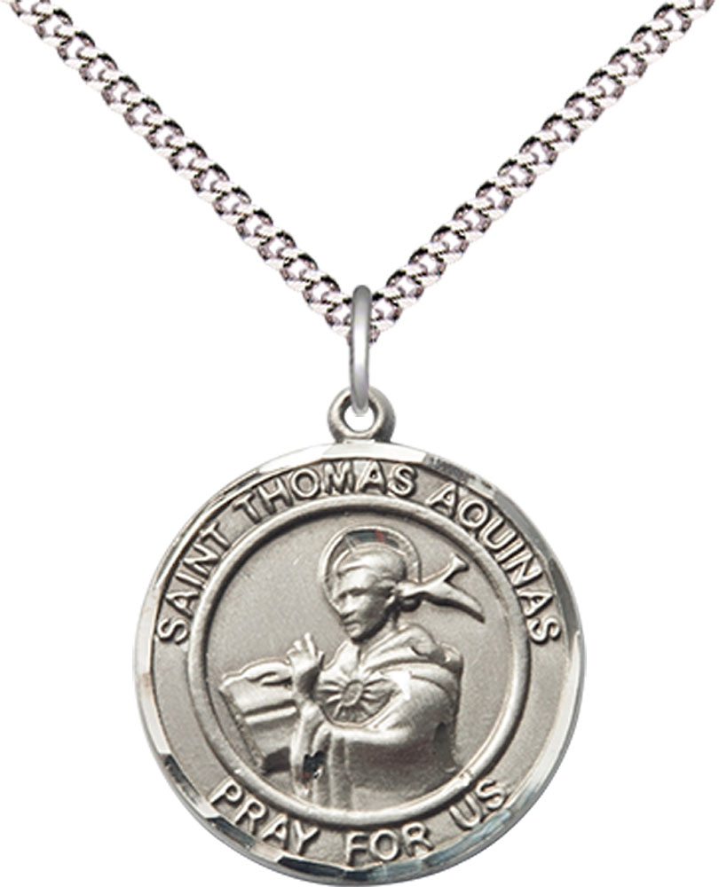 Sterling Silver Saint Thomas Aquinas Pendant on a 18 inch Light Rhodium Light Curb chain