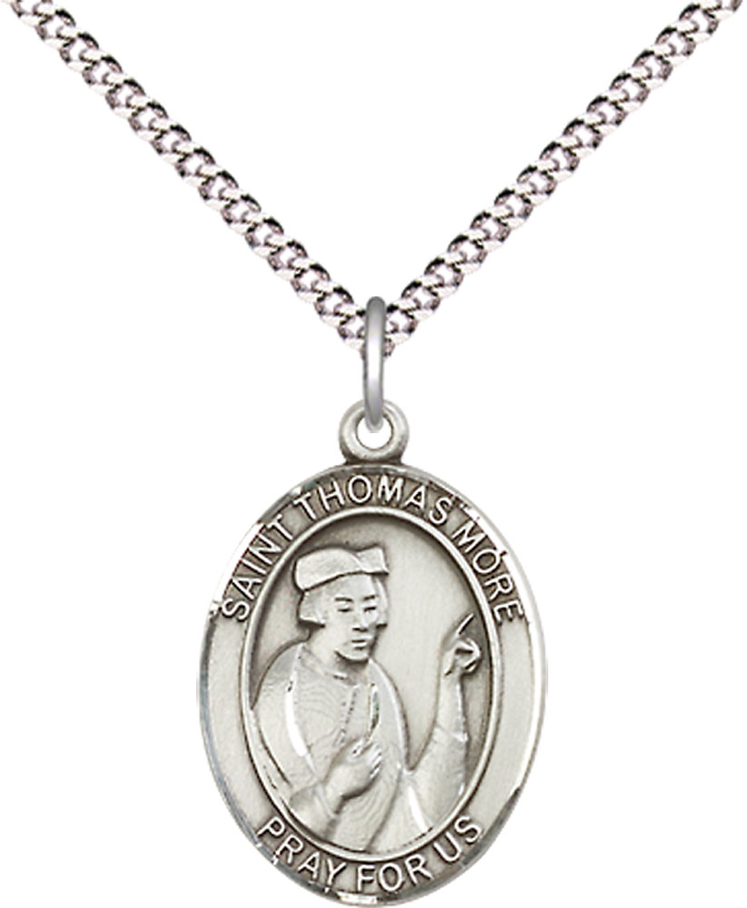Sterling Silver Saint Thomas More Pendant on a 18 inch Light Rhodium Light Curb chain