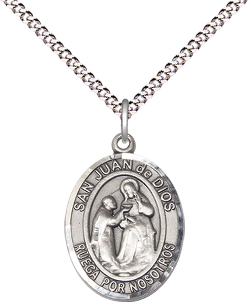Sterling Silver San Juan de Dios Pendant on a 18 inch Light Rhodium Light Curb chain