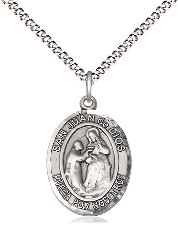 Sterling Silver San Juan de Dios Pendant on a 18 inch Light Rhodium Light Curb chain