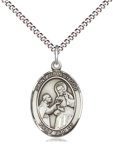 Sterling Silver Saint John of God Pendant on a 18 inch Light Rhodium Light Curb chain