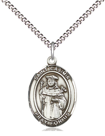 Sterling Silver Saint Casimir of Poland Pendant on a 18 inch Light Rhodium Light Curb chain