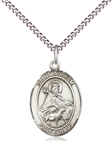 Sterling Silver Saint William of Rochester Pendant on a 18 inch Light Rhodium Light Curb chain