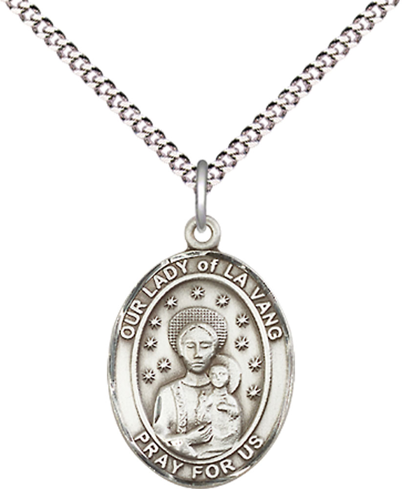 Sterling Silver Our Lady of la Vang Pendant on a 18 inch Light Rhodium Light Curb chain
