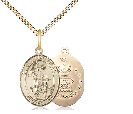 14kt Gold Filled Guardian Angel Air Force Pendant on a 18 inch Gold Plate Light Curb chain