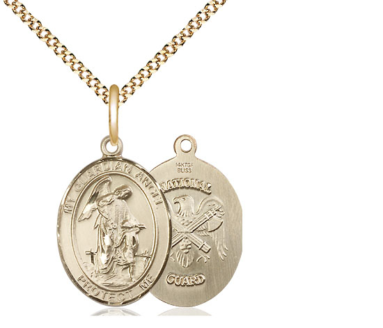 14kt Gold Filled Guardian Angel National Guard Pendant on a 18 inch Gold Plate Light Curb chain