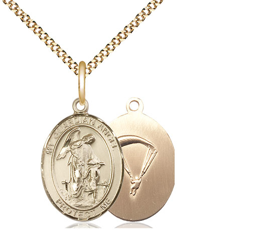 14kt Gold Filled Guardian Angel Paratrooper Pendant on a 18 inch Gold Plate Light Curb chain