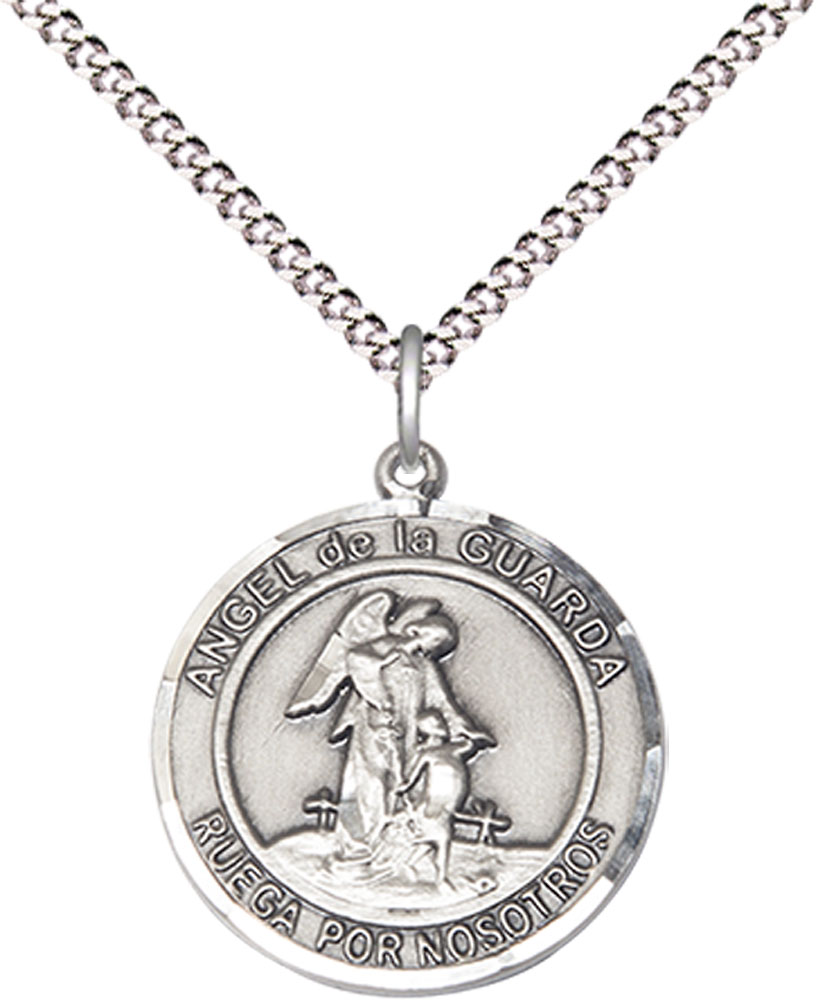 Sterling Silver Angel de la Guarda Pendant on a 18 inch Light Rhodium Light Curb chain