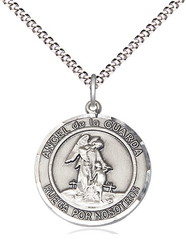 Sterling Silver Angel de la Guarda Pendant on a 18 inch Light Rhodium Light Curb chain