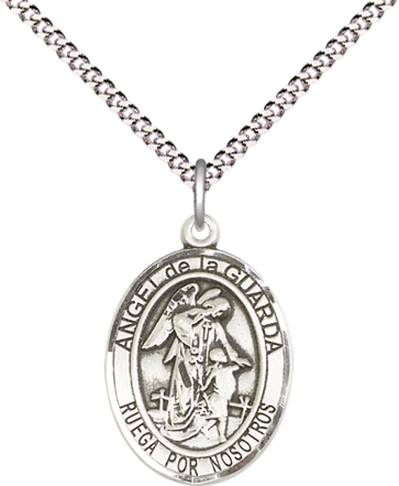 Sterling Silver Angel de la Guarda Pendant on a 18 inch Light Rhodium Light Curb chain